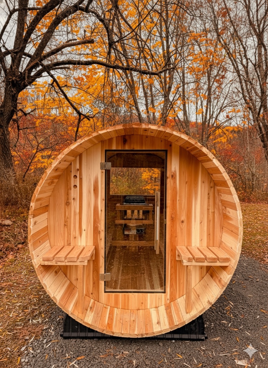 Barrel sauna in fall foliage