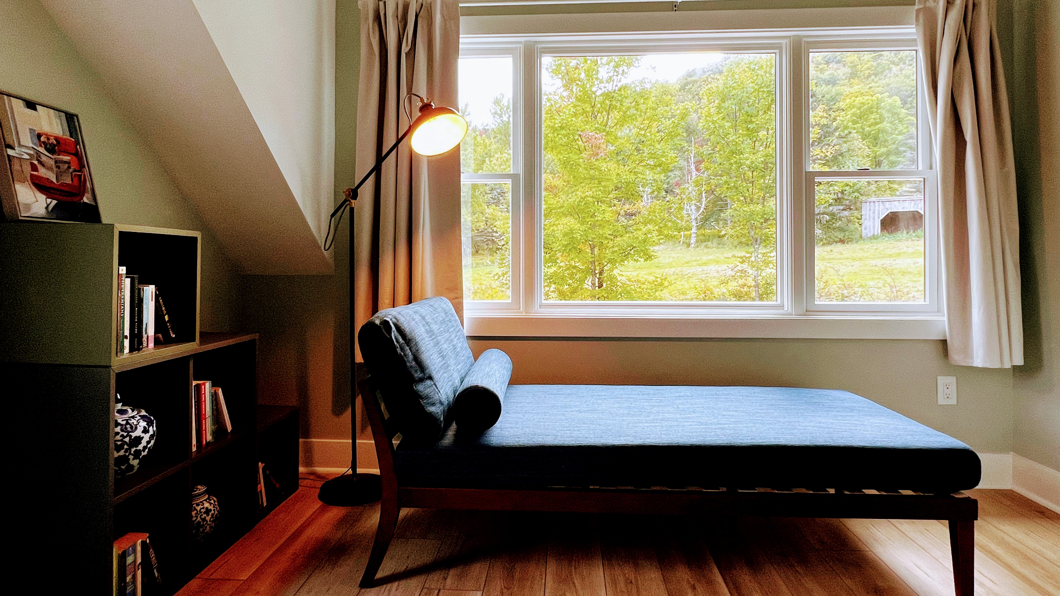 Reading nook with daybed and bookshelf